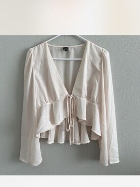 SHEIN Cream Tie-Front Ruffle V-Neck Blouse